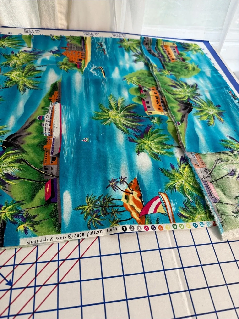 Vintage Tropical Island Scenic Fabric 1¾ Yards Palm Trees Sailboats Caribbean